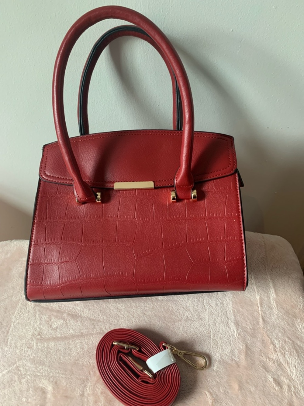 Women’s Red Croc-Embossed Top-Handle Satchel with Gold Accents